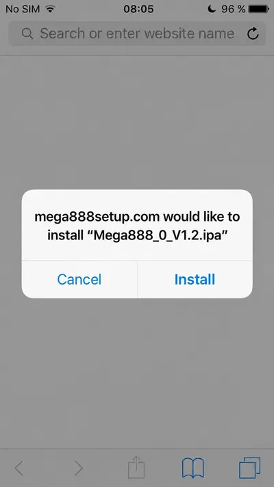 Safari installation prompt showing mega888setup.com and Mega888_0_V1.2.ipa