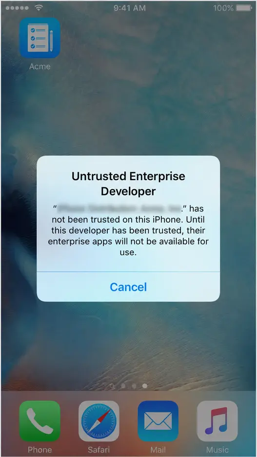 Untrusted Enterprise Developer message with the distributor name blurred